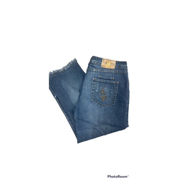 Baby Phat Capri Jeans Womens 13 Stretchy Cat Embroidered‎ Logo Gold Y2K - Picture 1 of 12